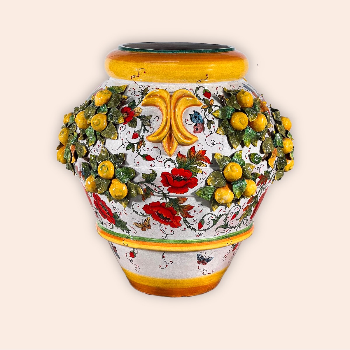 LARGE VASE CM.100H DESIGN:POPPIES WITH 3D LEMONS